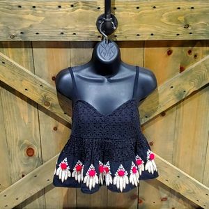 LEIFSDOTTIR BLACK EYELET SPAGHETTI STRAP TOP WITH POM POMS
